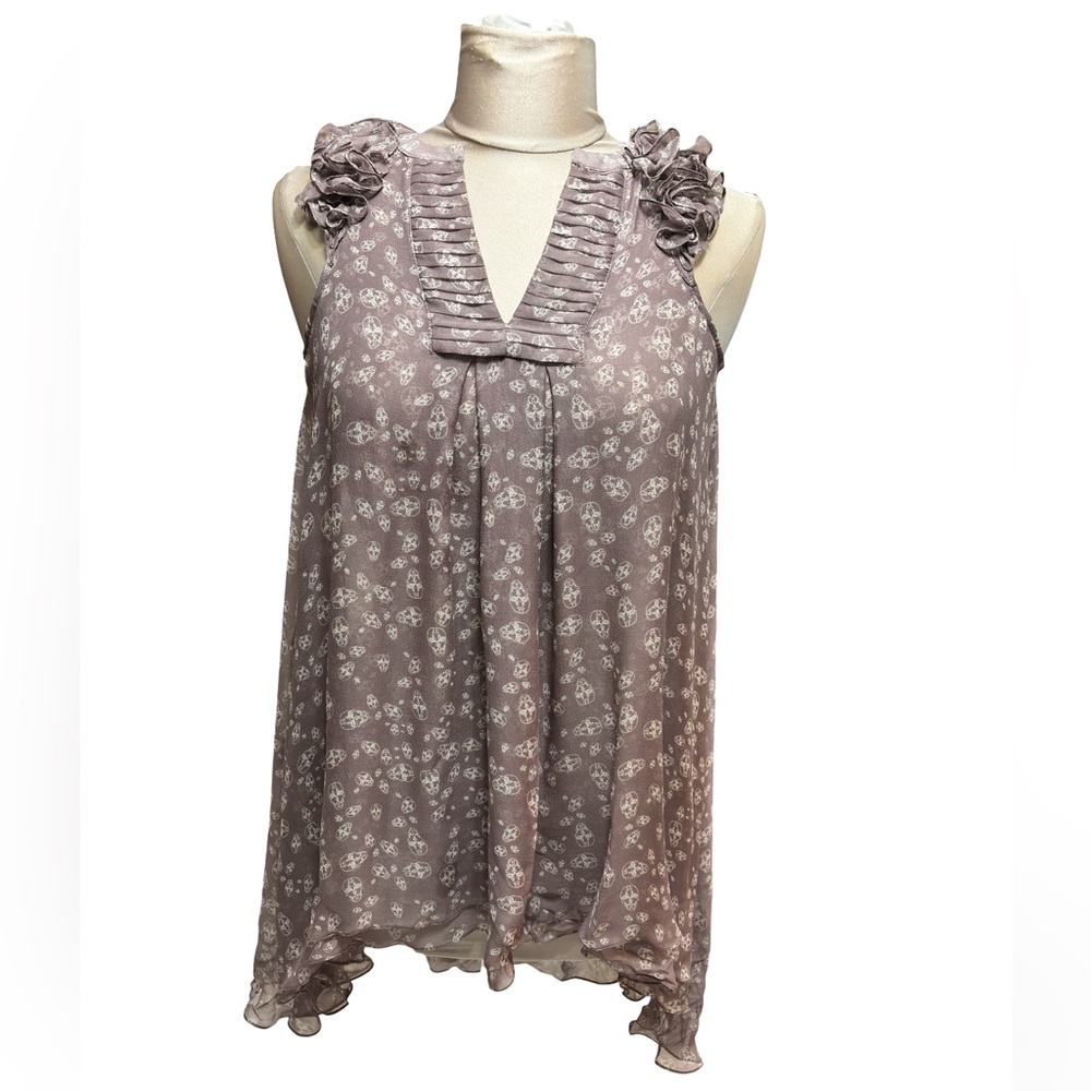Thomas Wylde Ruffle Plum Printed Silk Blouse